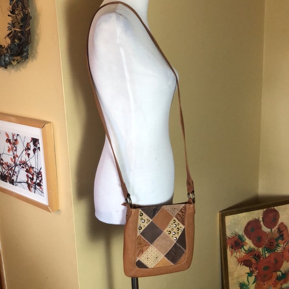 FOSSIL Journey patchwork Crossbody LEATHER Multi-Brown & Hardware Finishes NEW - Picture 5 of 16